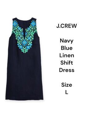 J.Crew navy blue linen shift dress with embroidery size L